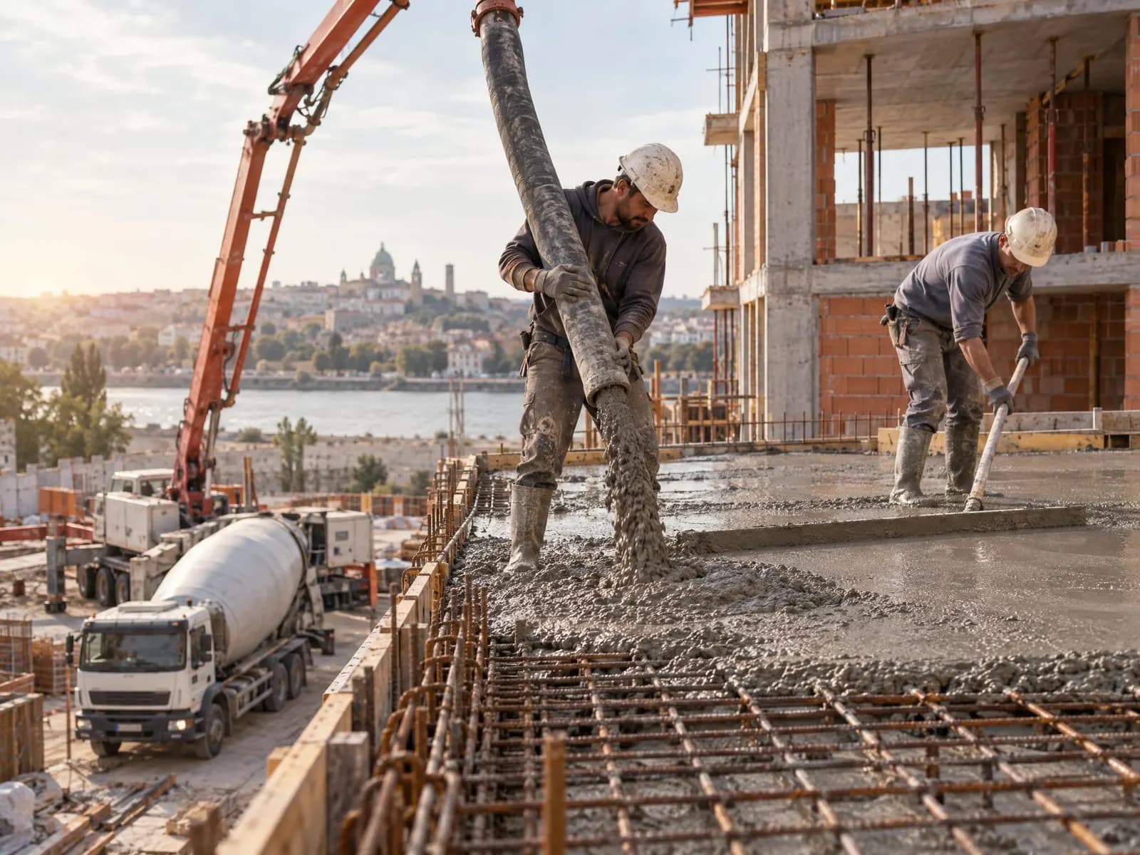 Betonáž stropní desky čerpadlem na stavbě