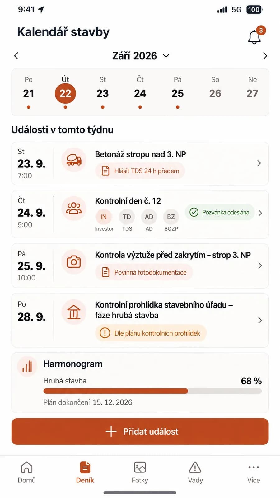 Kalendář stavby s betonáží, kontrolním dnem a kontrolní prohlídkou
